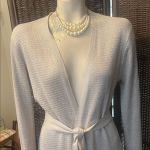 White House Black Market Shimmery Open-Front Tie-Waist Cardigan in Light Silver